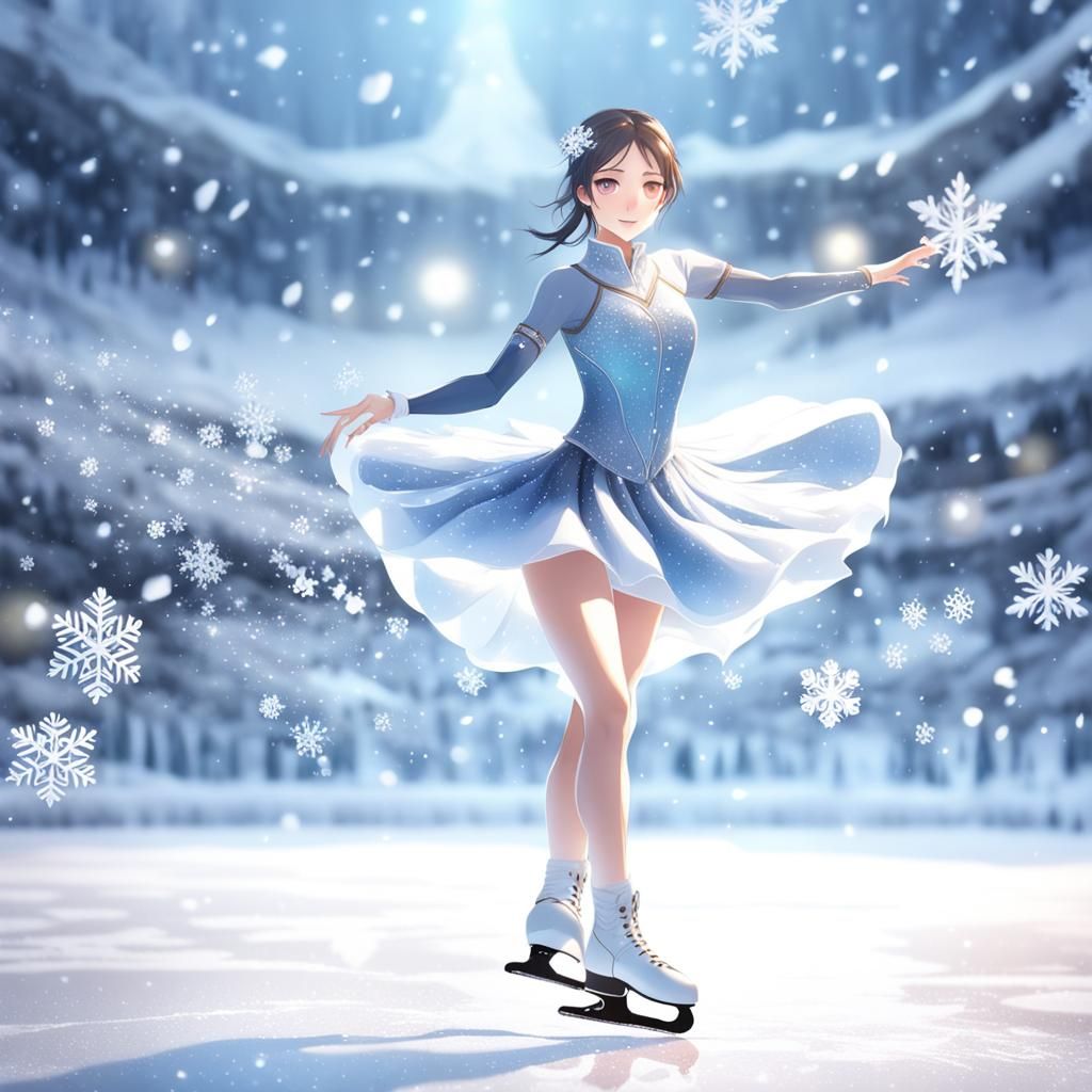 Figure Skater Surrounded by Snowflakes: 3D Anime Art