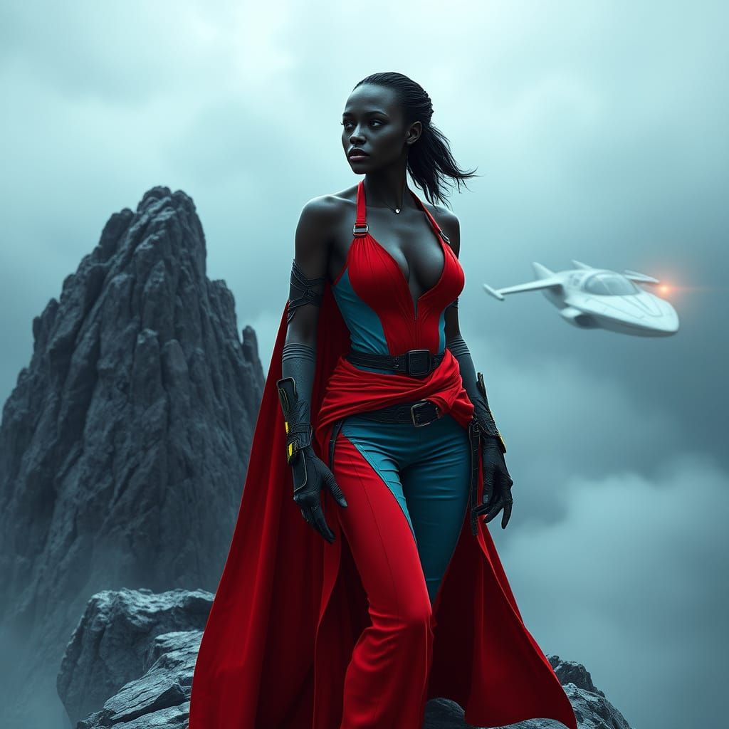 Stealthy Vigilante Perched on Cliff in High-Fashion Outfit