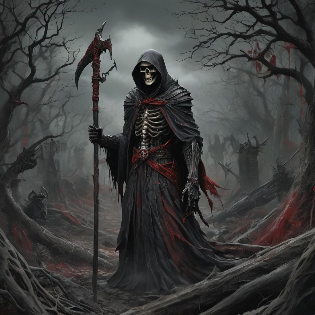 Ominous Wraith with Scythe in Stormy Weather