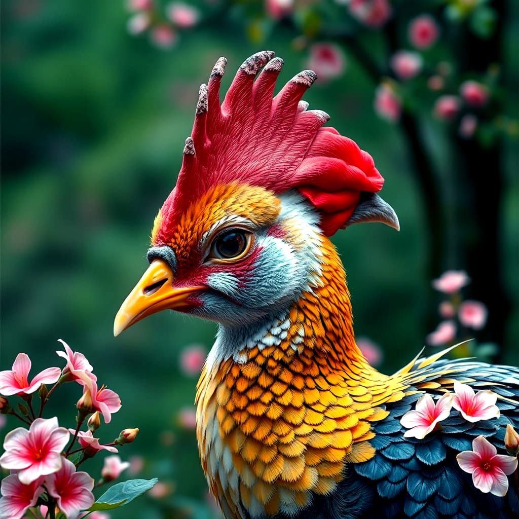 Peacock in Cherry Blossom Landscape: Hyperrealistic Splash A...