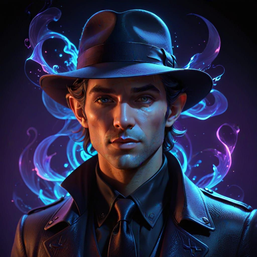 Noir Elf Detective in Kirlian Blacklight Photo Style