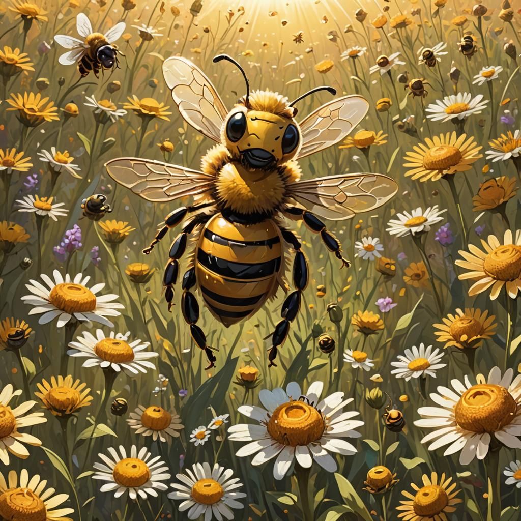 Happy Bee Character in Sun-Drenched Meadow