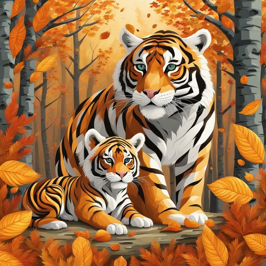 Tigress and Cub in Autumnal Forest: Gouache Painting