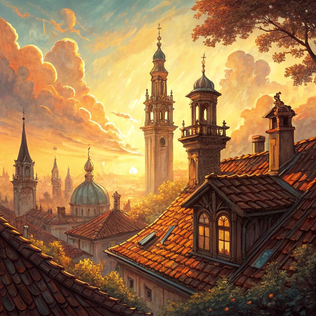 Ethereal Art Nouveau Cityscape at Sunset