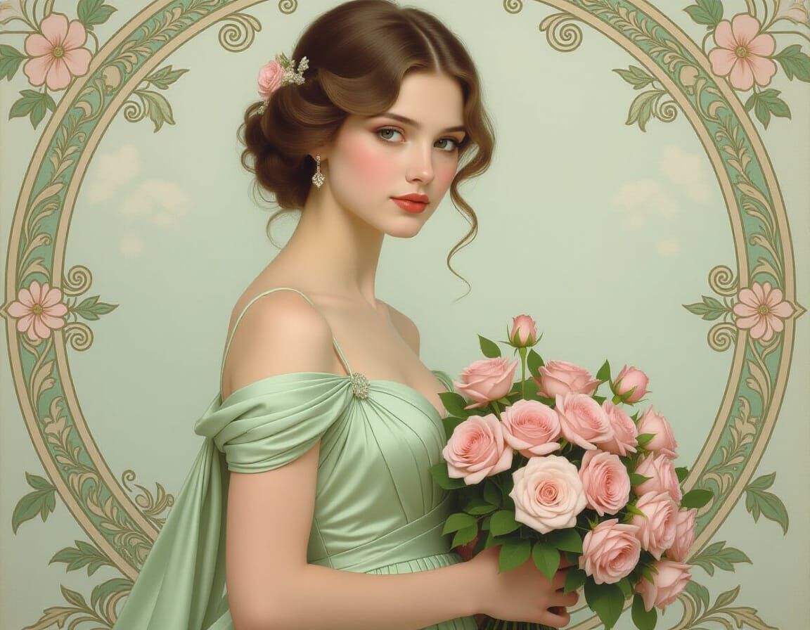 Elegant Portrait of a Woman in a Pale Green Gown