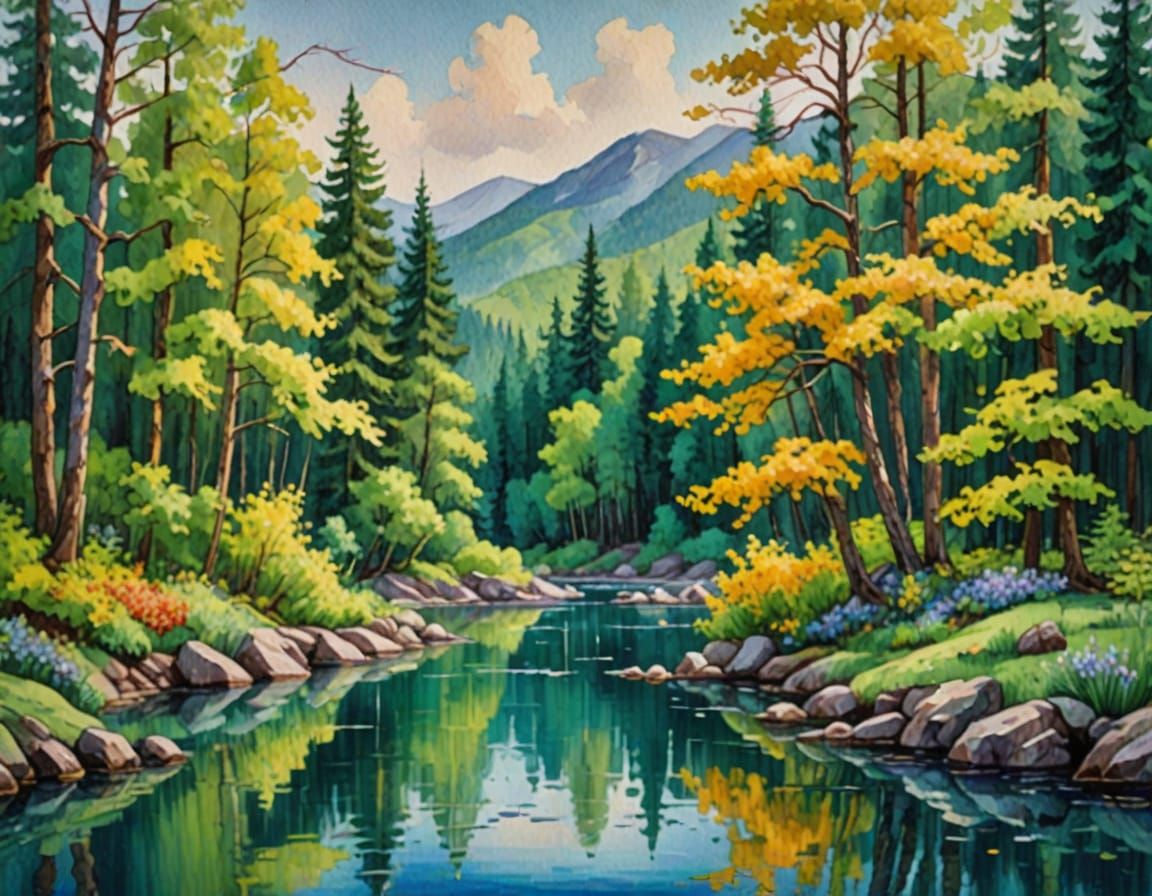 Vibrant Spring Forest Scene in Expressive Oil Painting