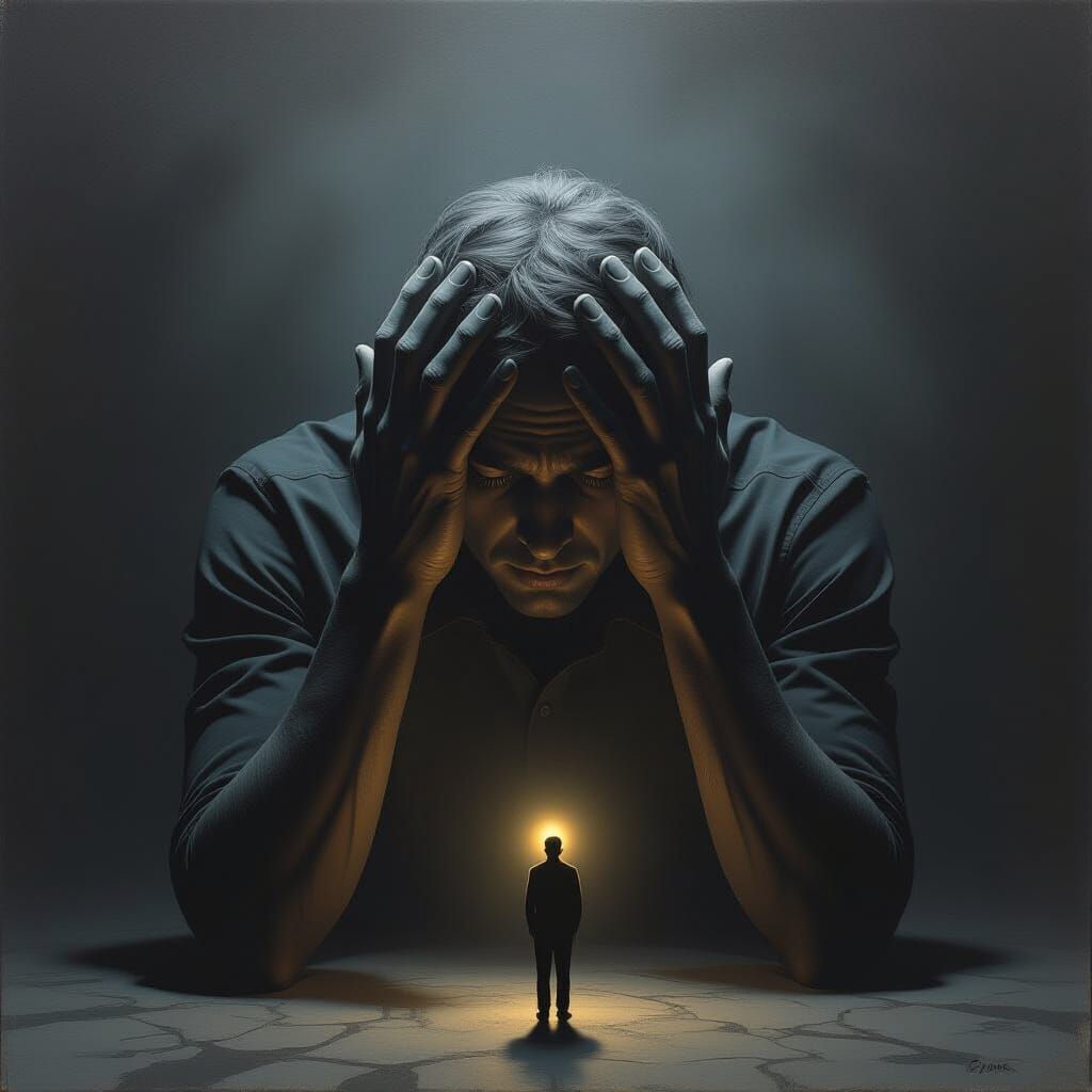 Surreal Figure Overwhelmed by Anxiety and Oversized Hands