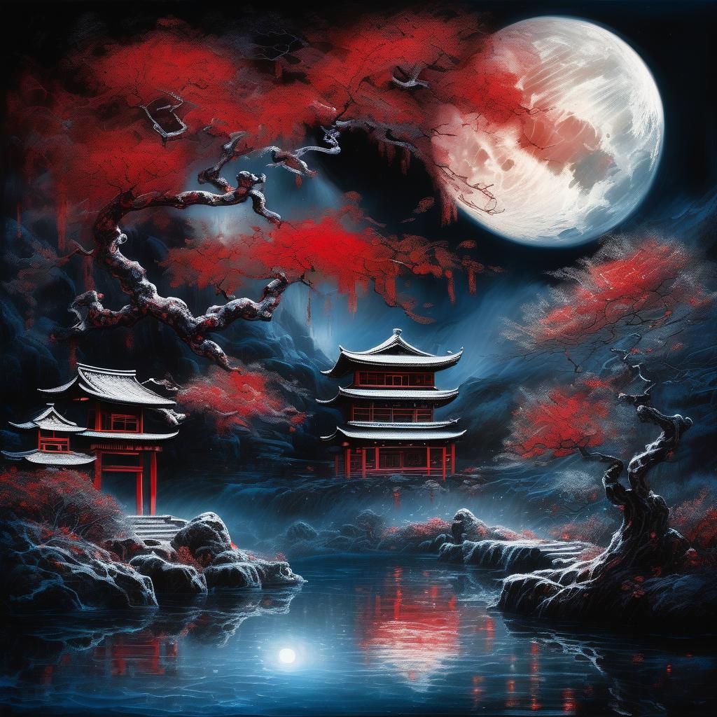 Moonlit Japanese Fantasy Landscape in Royo Style