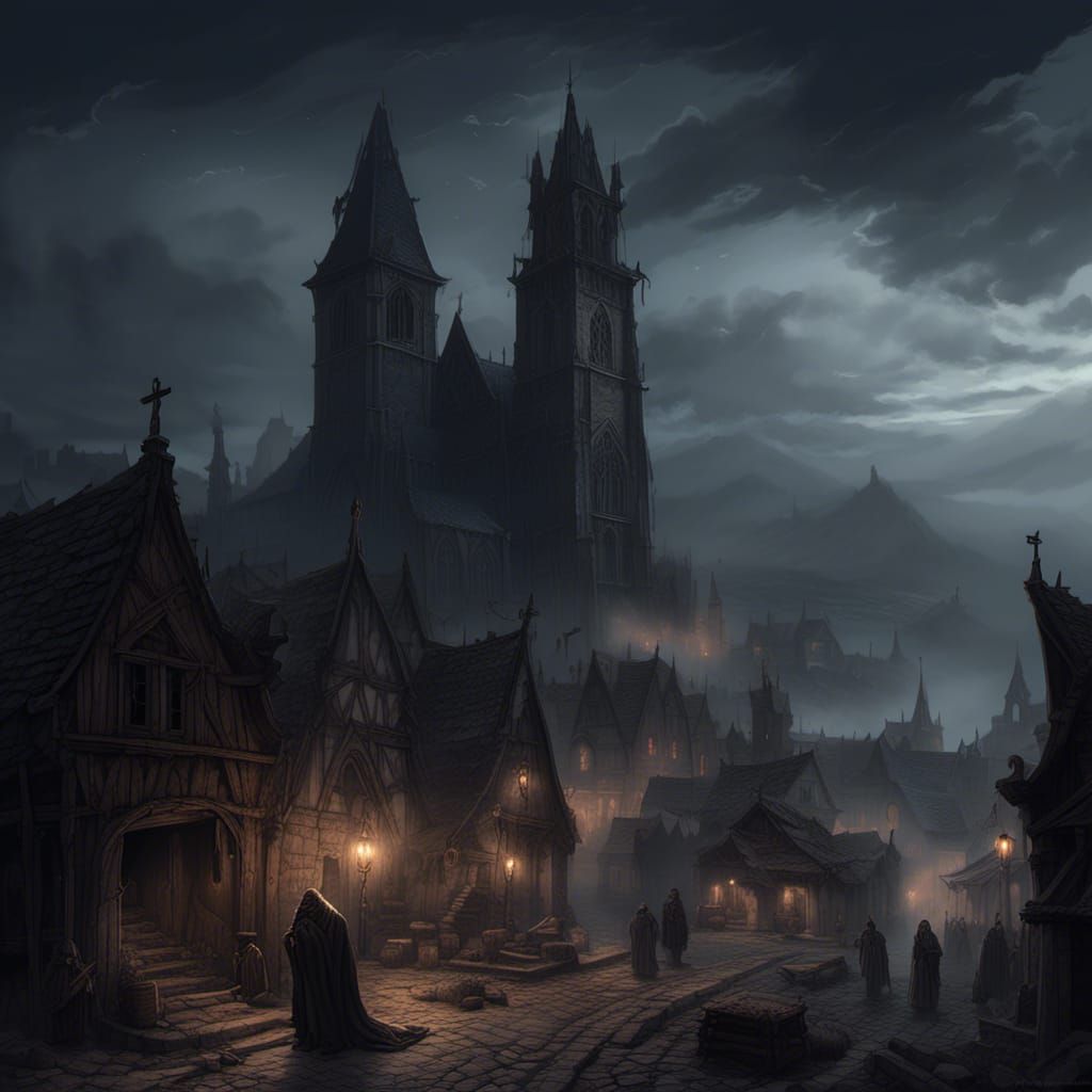 Lovecraftian Coastal Town with Gothic Architecture