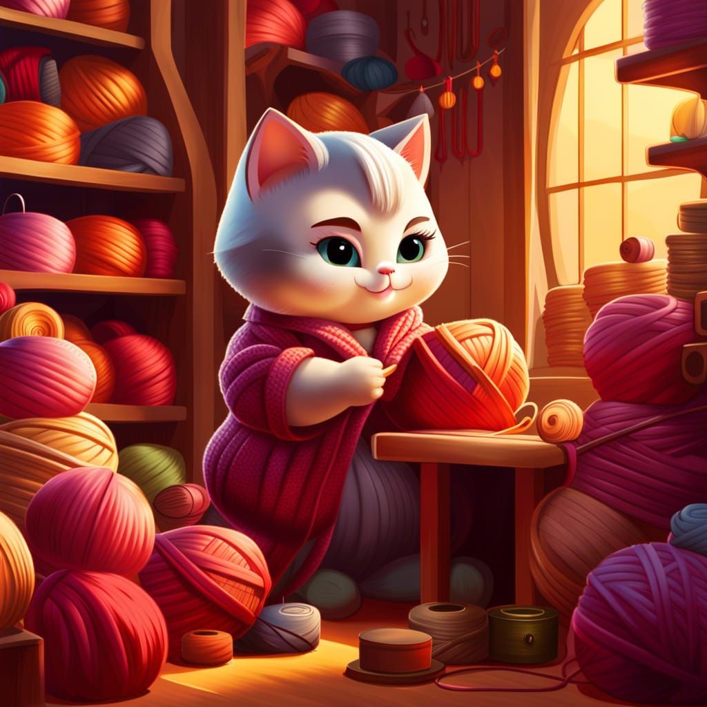 Chibi Cat Seamstress on Yarn Ball, Digital Illustration