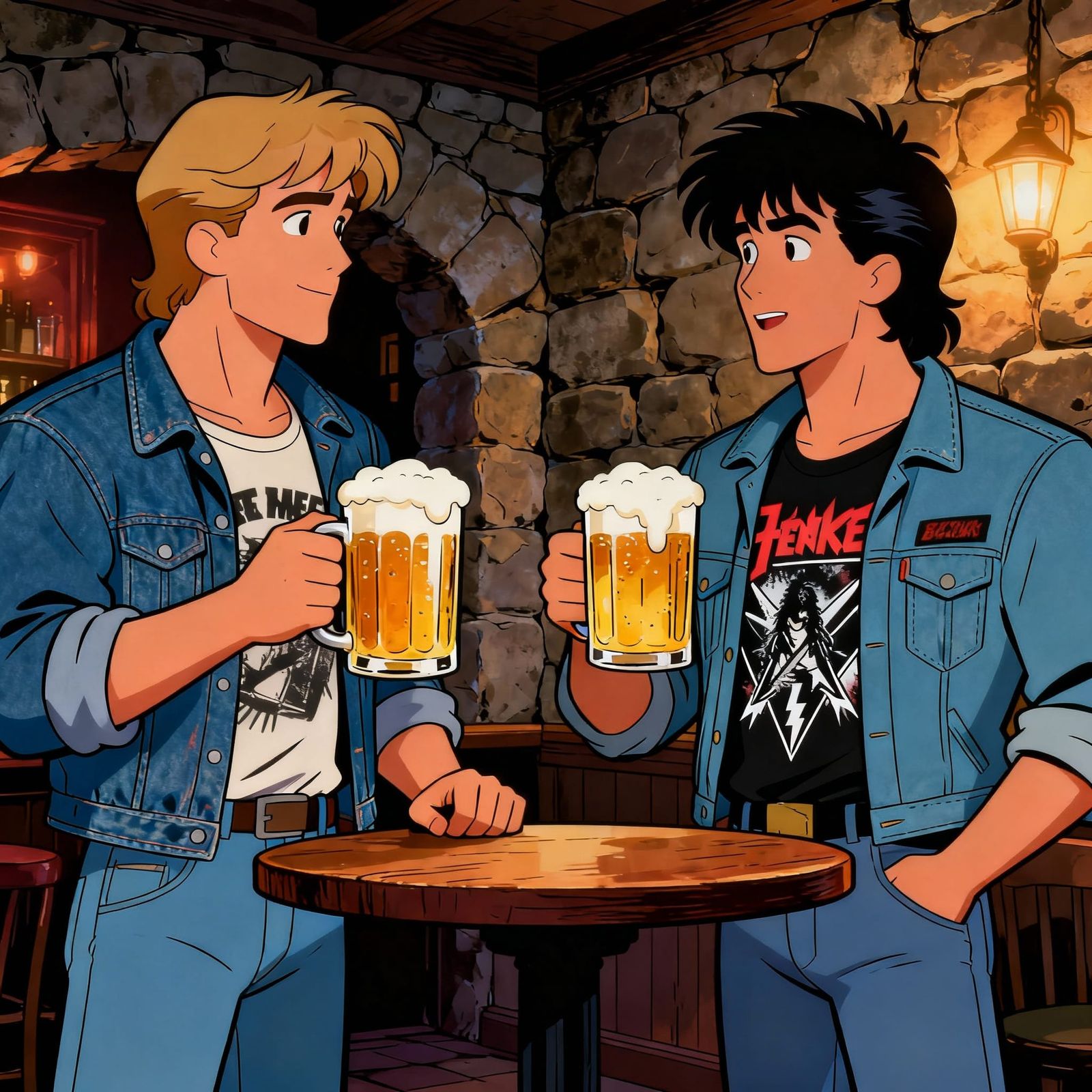 1980s Filmation Style Men Enjoy Beers in Stone Pub