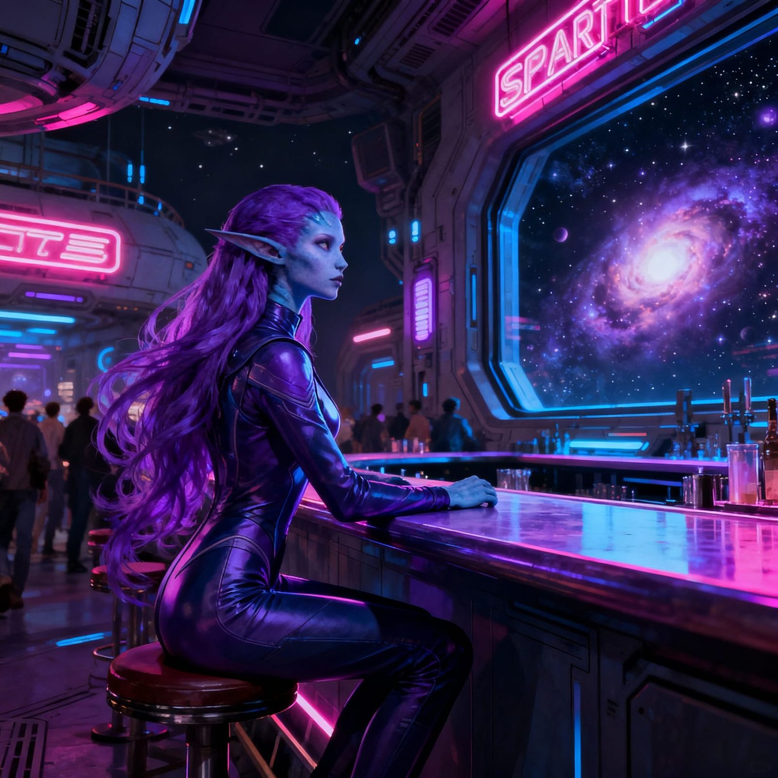 Violet Haired Alien at Space Station Bar