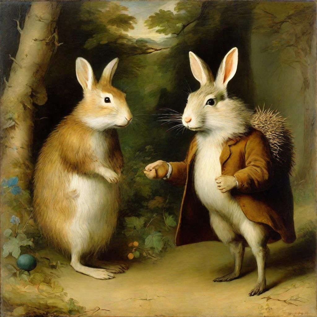Rabbit and Hedgehog Portrait in Classic Style