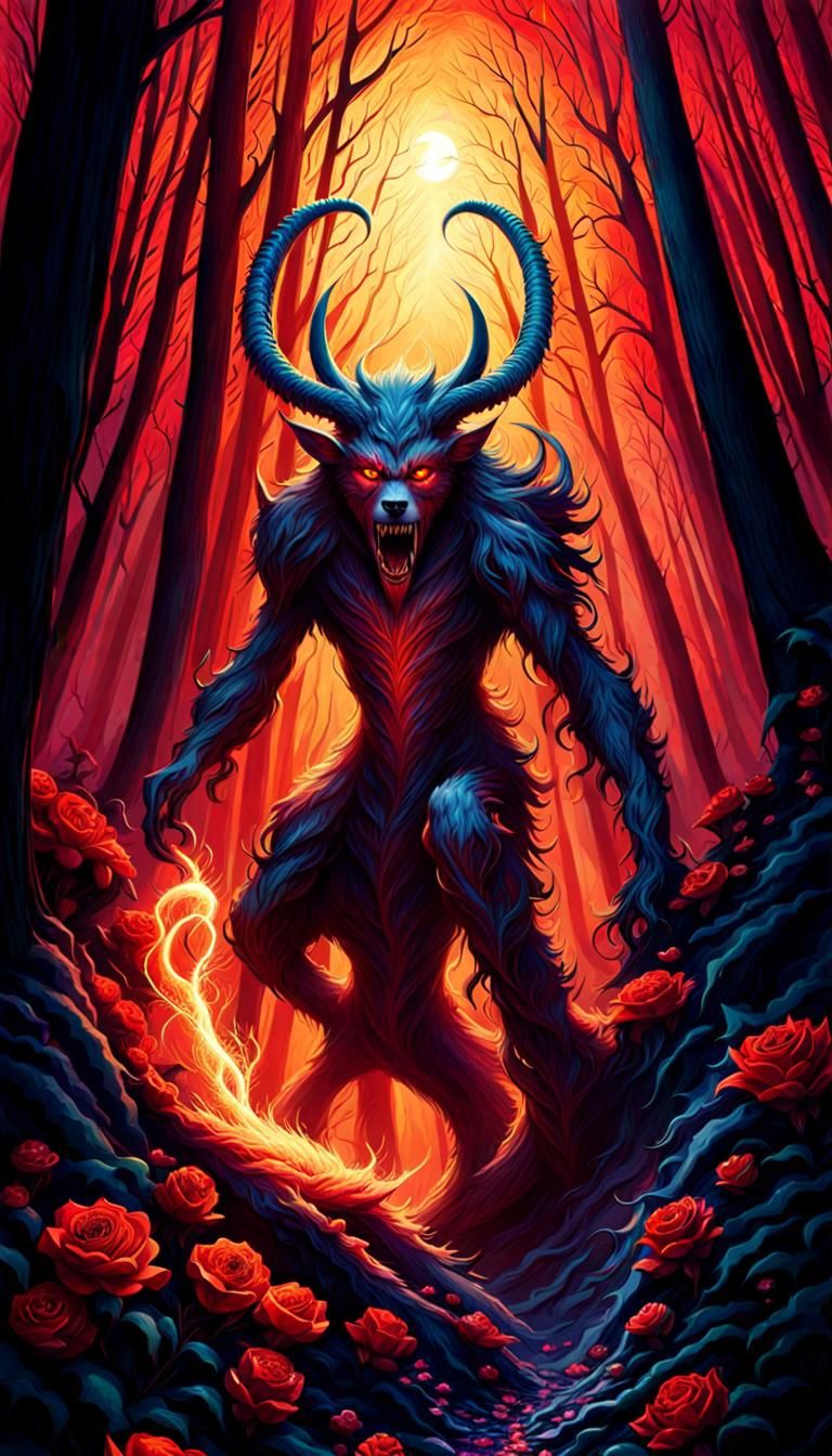 Demonic entity crawling through a dark scary forest, horror, blood