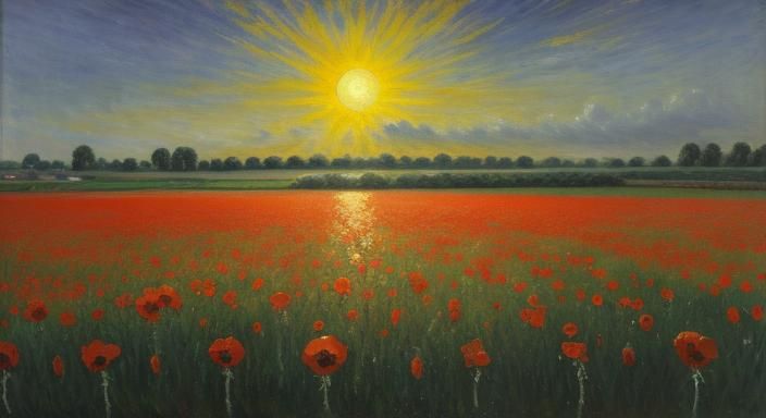 Poppy Field Under Surreal Sky, Reflected Sunlight