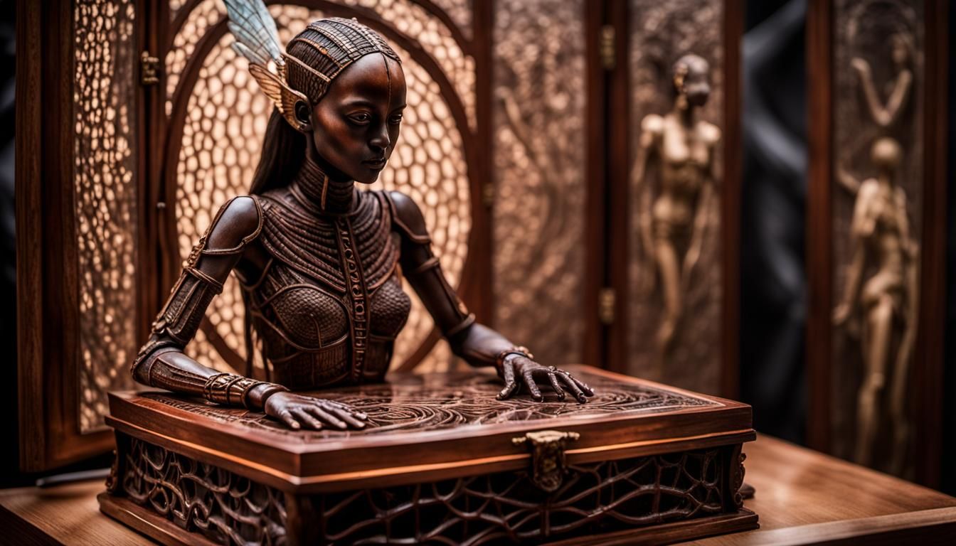 Opalescent Insect Dancer Emerging from Carved Box