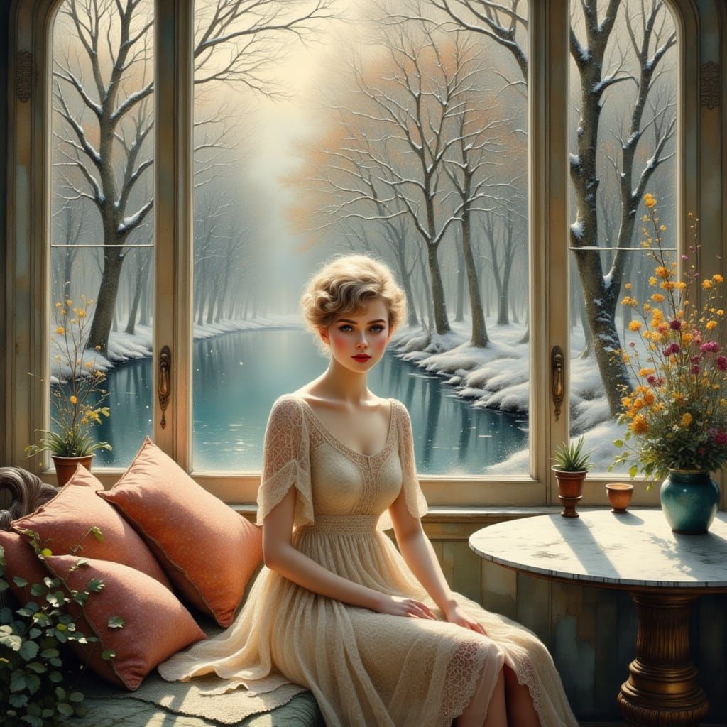 Woman in Winter Garden, Art Nouveau Style