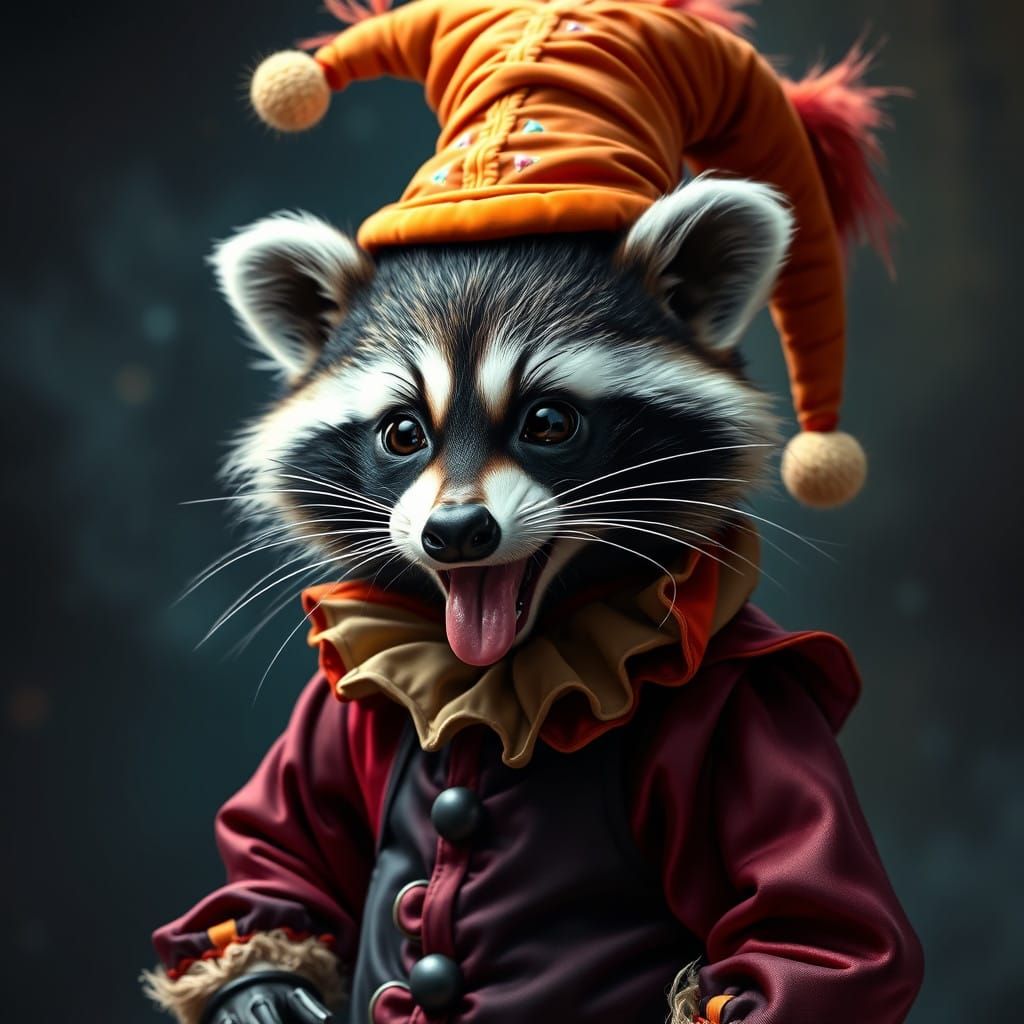 Renaissance-Inspired Raccoon Jester in Velvet and Satin