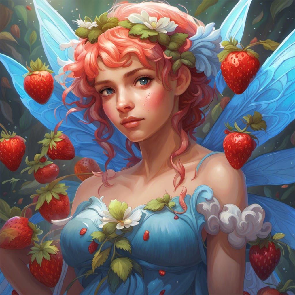Blue Winged Fairy Portrait in Strawberry Patch