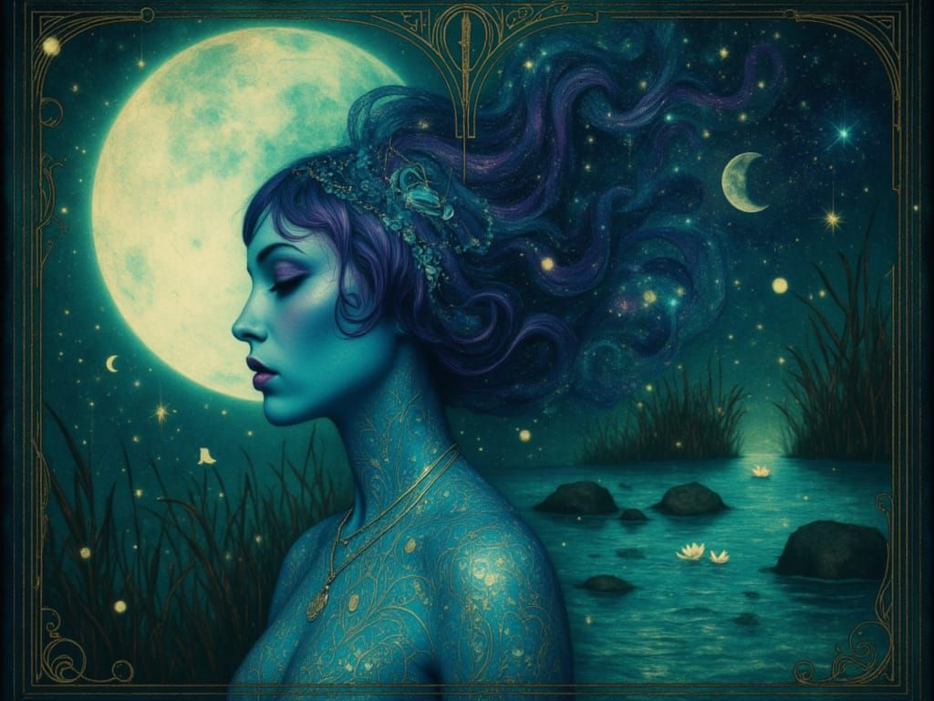 Surreal Mystic Moon Goddess in Art Nouveau Style