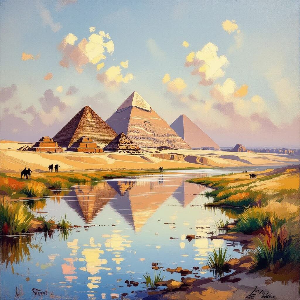 Giza Pyramids Reflected, 19th Century Impressionism