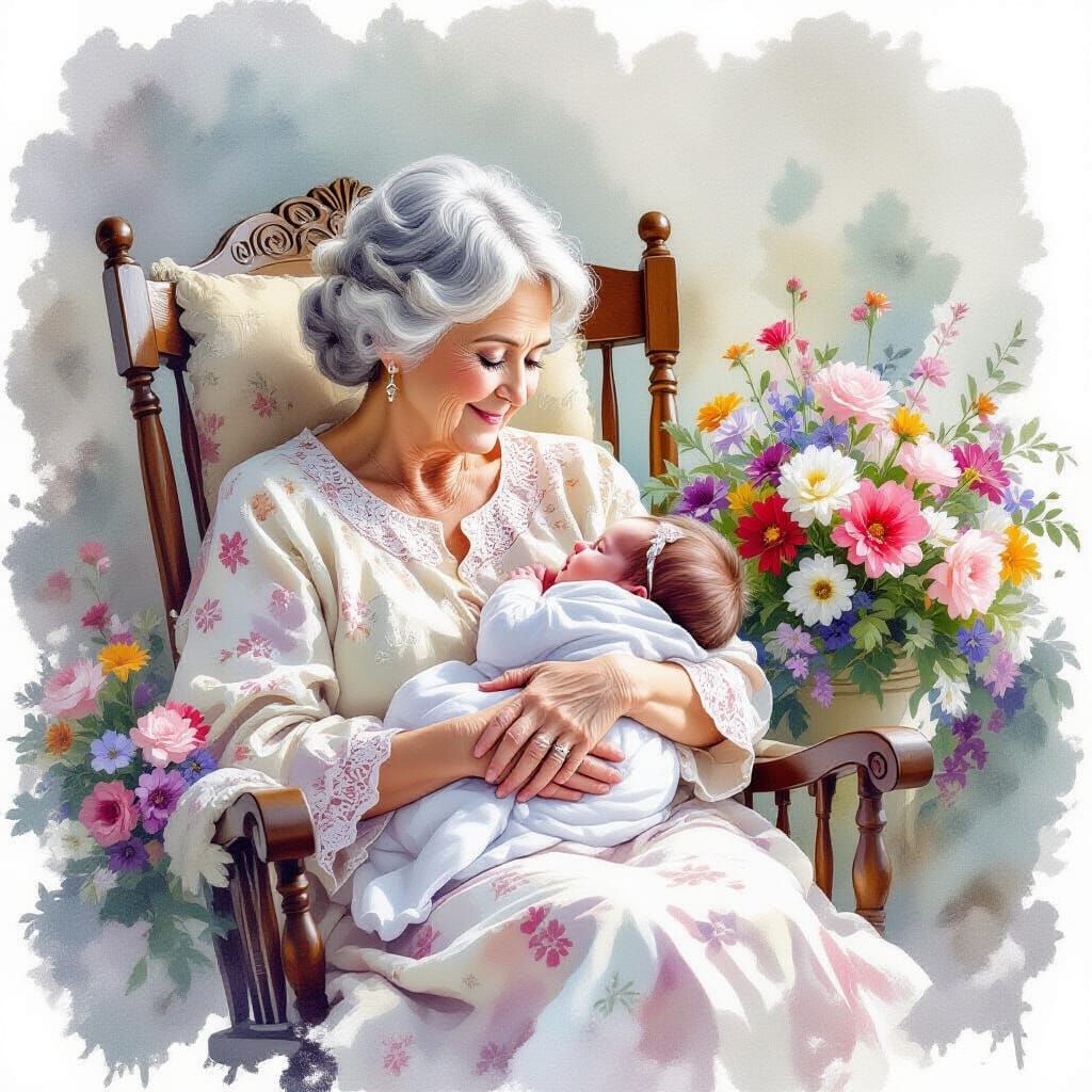 Grandmother Holding Newborn in Soft Watercolor Style