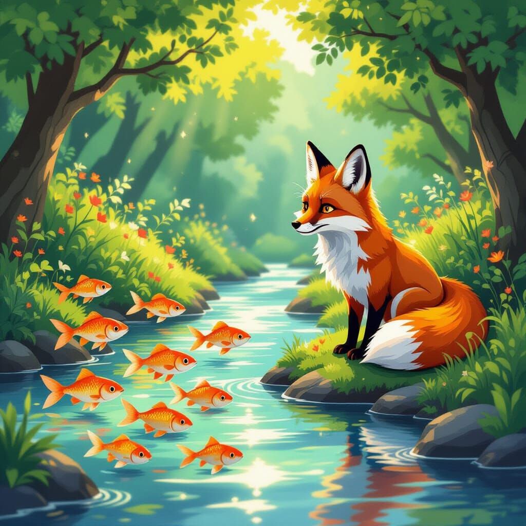 Cunning Fox Watches Shimmering Fish in River