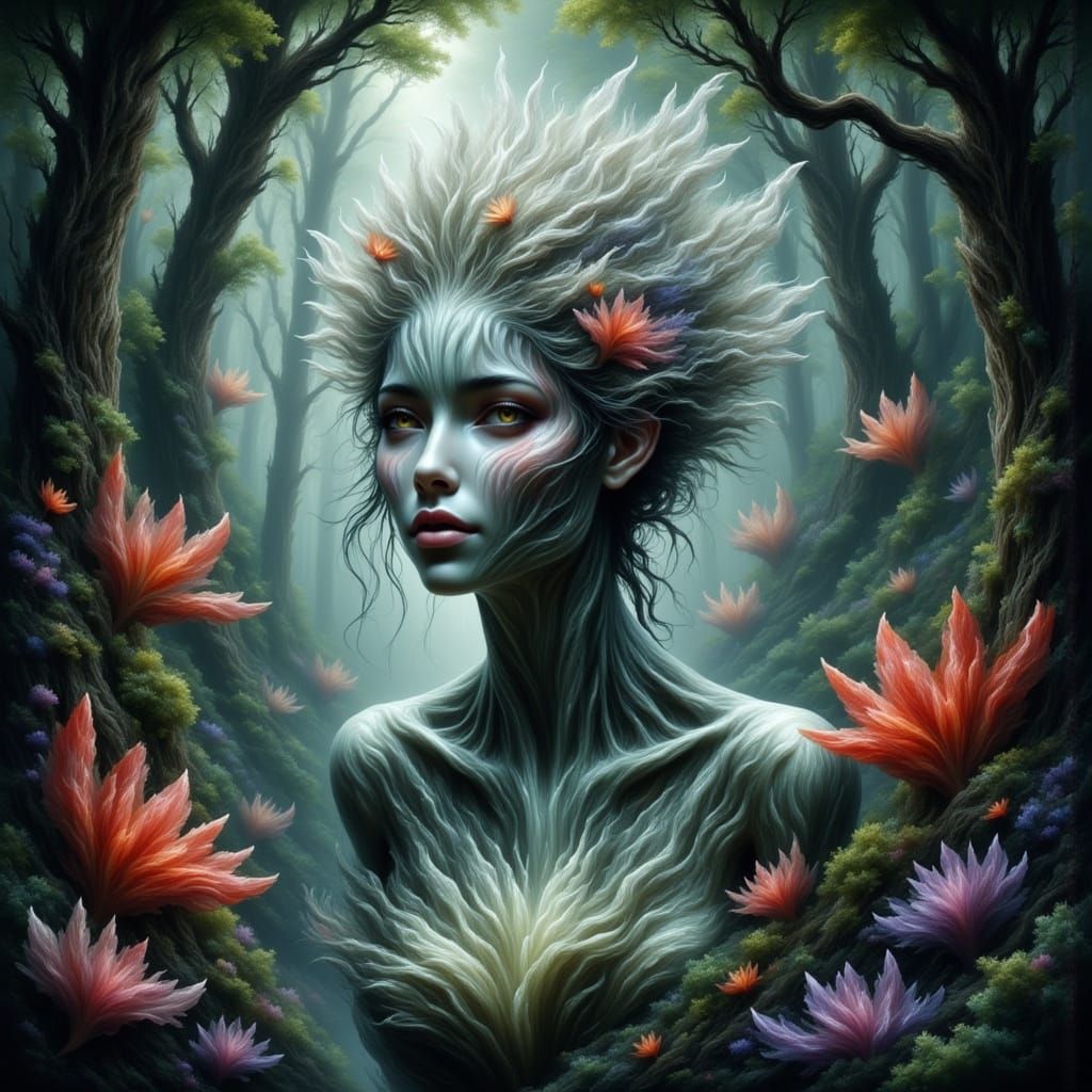 Enchanted Forest Maiden with Bioluminescent Zebra Skin