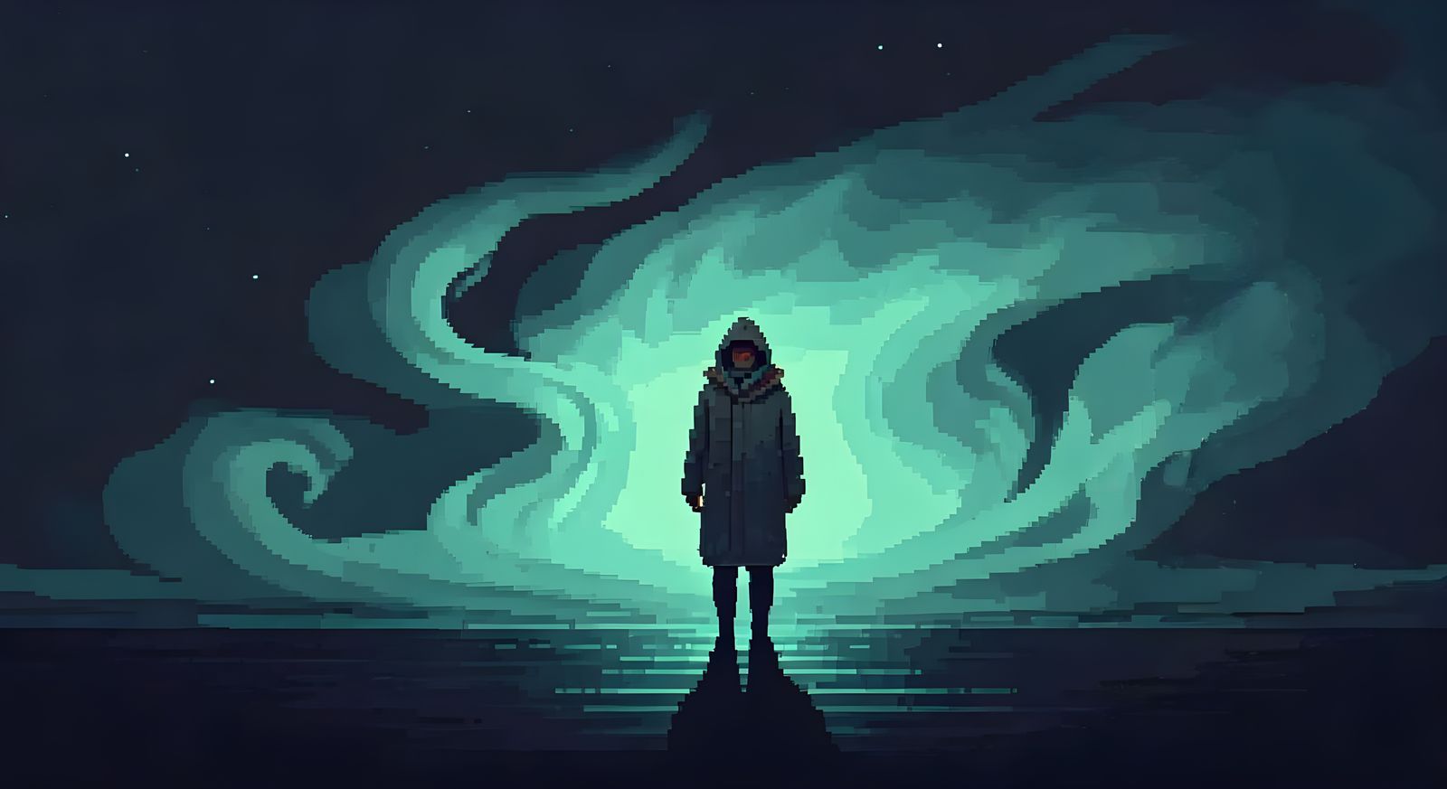 Pixelated Figure in Atmospheric Retro Digital Art