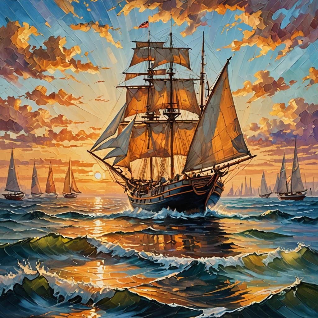 Sailing Boat at Sunset: An Impasto Oil Painting