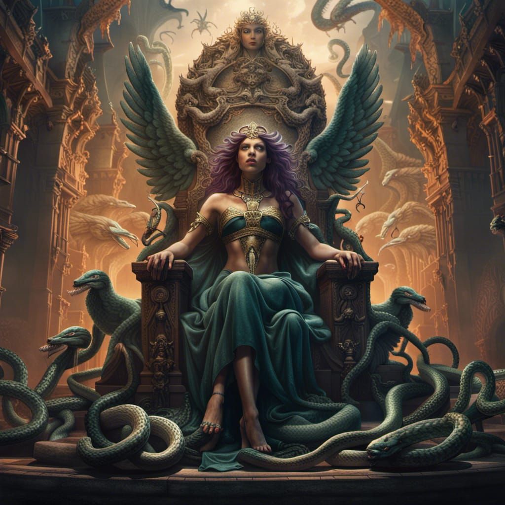 Medusa on Throne of Stone Angels in Detailed Painting