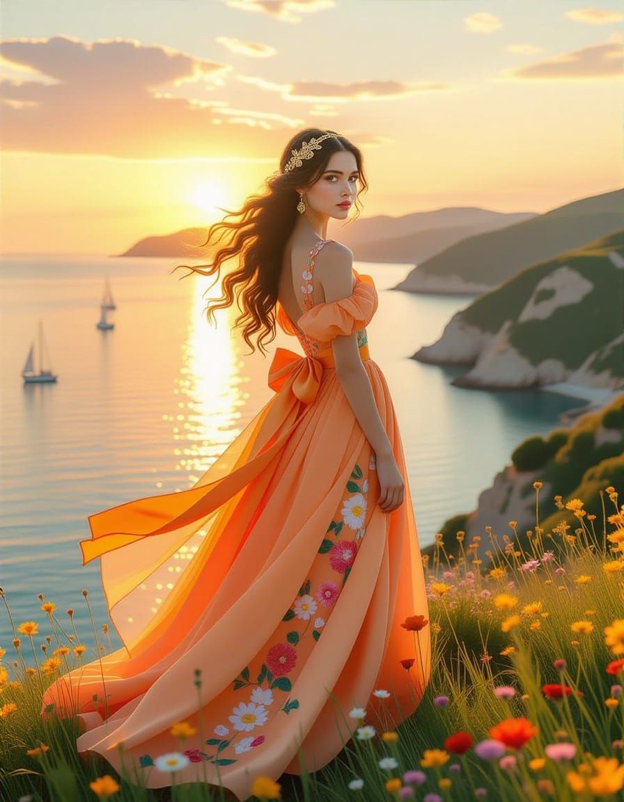 Woman in Neon Gown on Cliff at Golden Hour