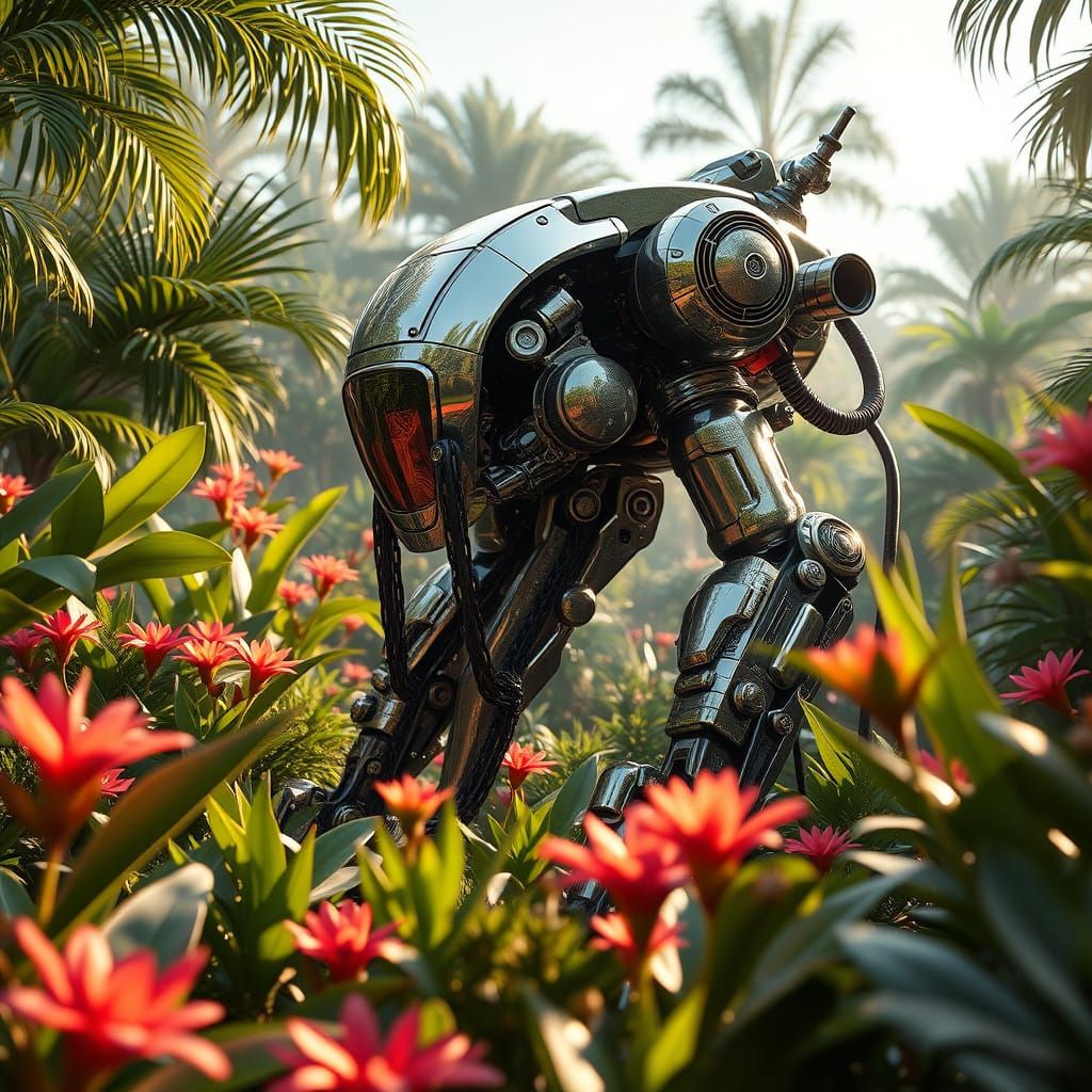 Lush Botanic Garden Amidst Metallic Mech Details