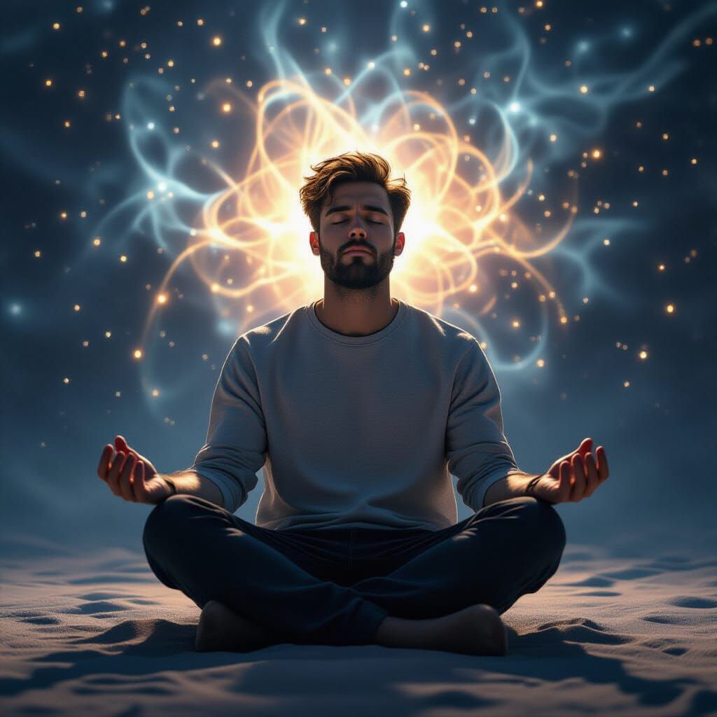Meditating Man Surrounded by Distorted Light, Hyperrealism