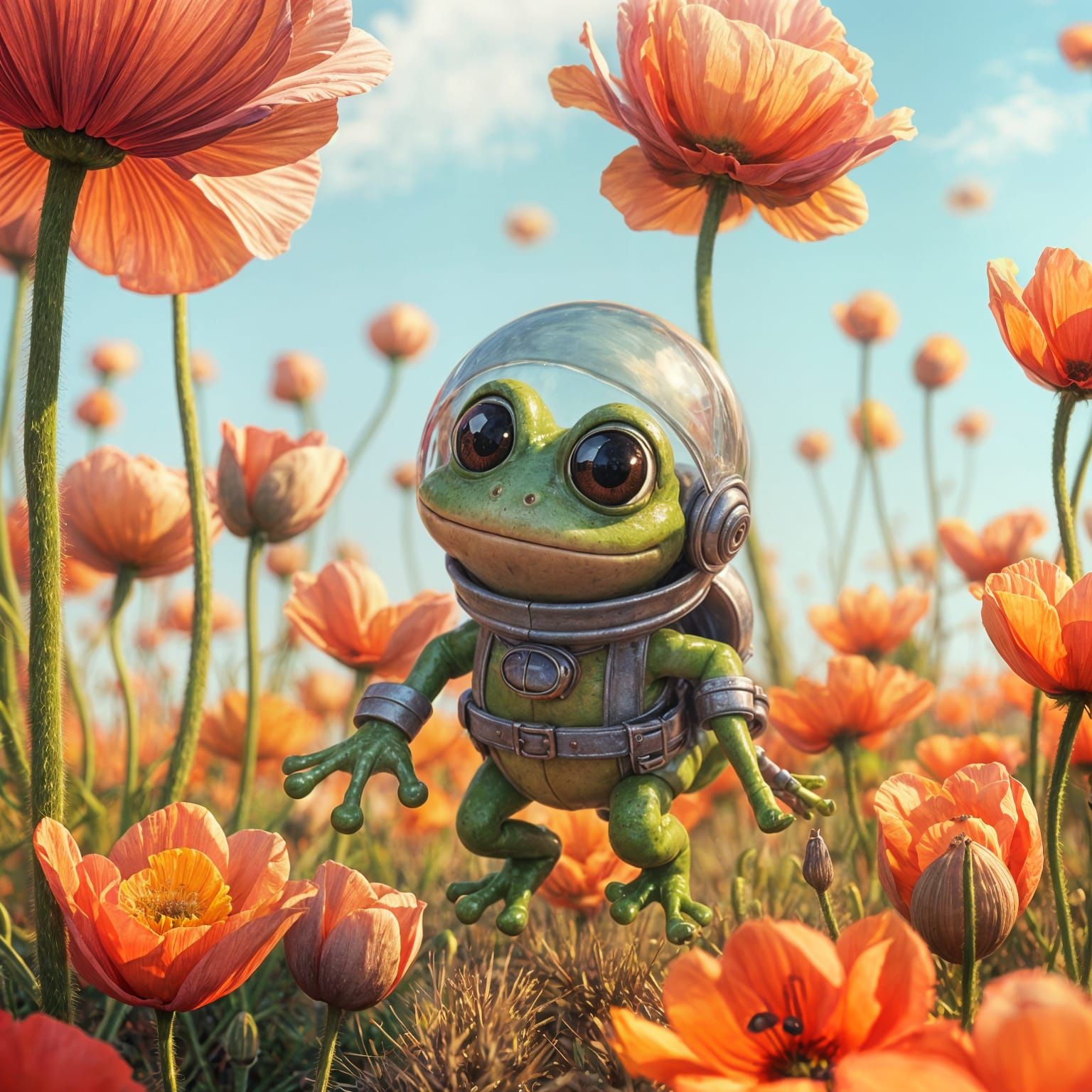 Flip, the special frog in a field of poppies