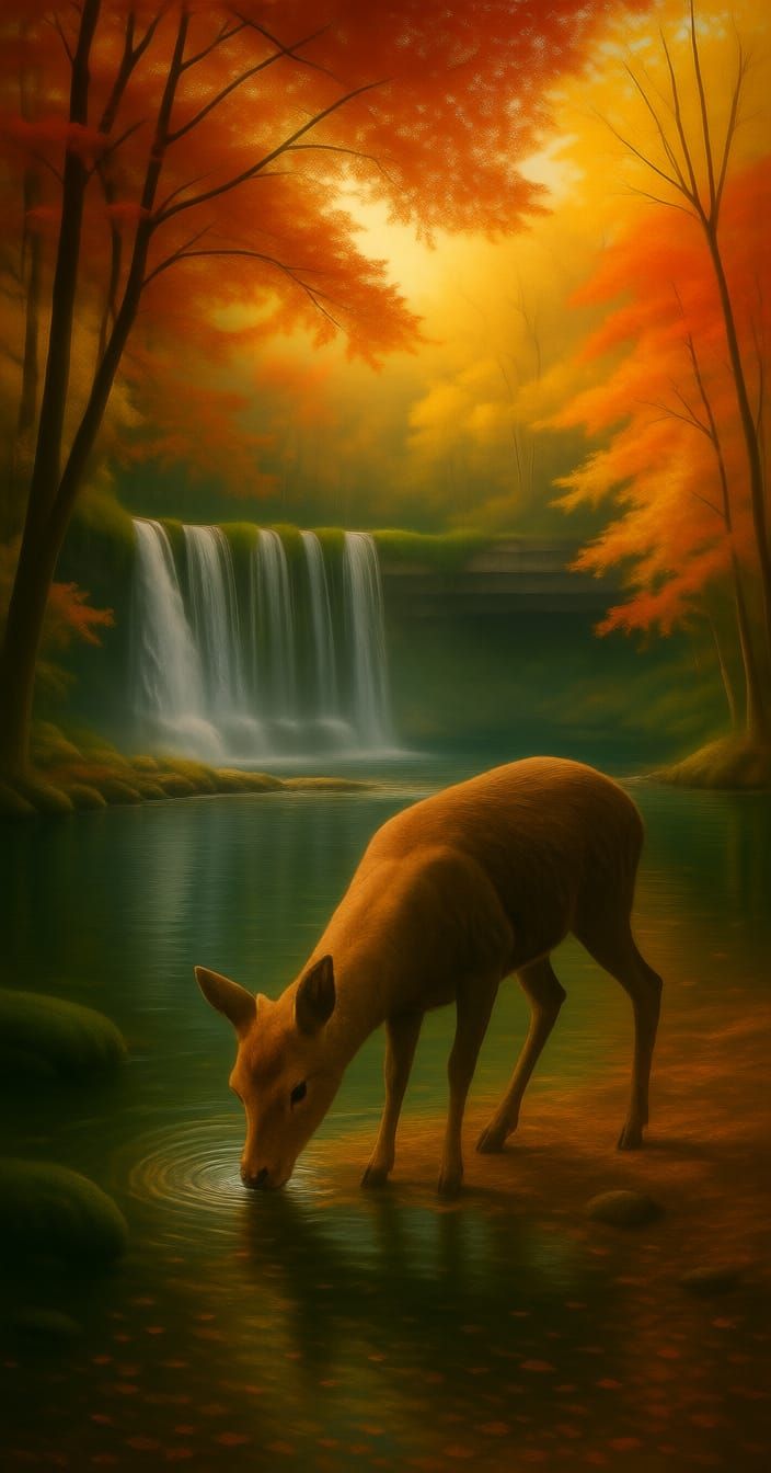 Autumn Forest Waterfall in Impressionistic Style