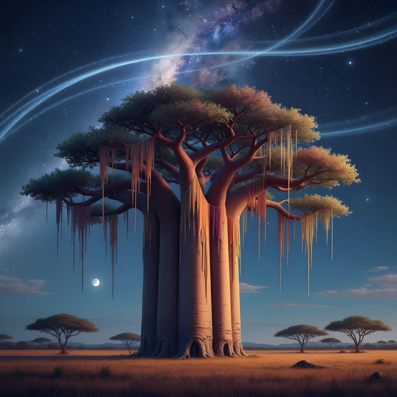 Nebula Tree: Celestial Savanna at Night