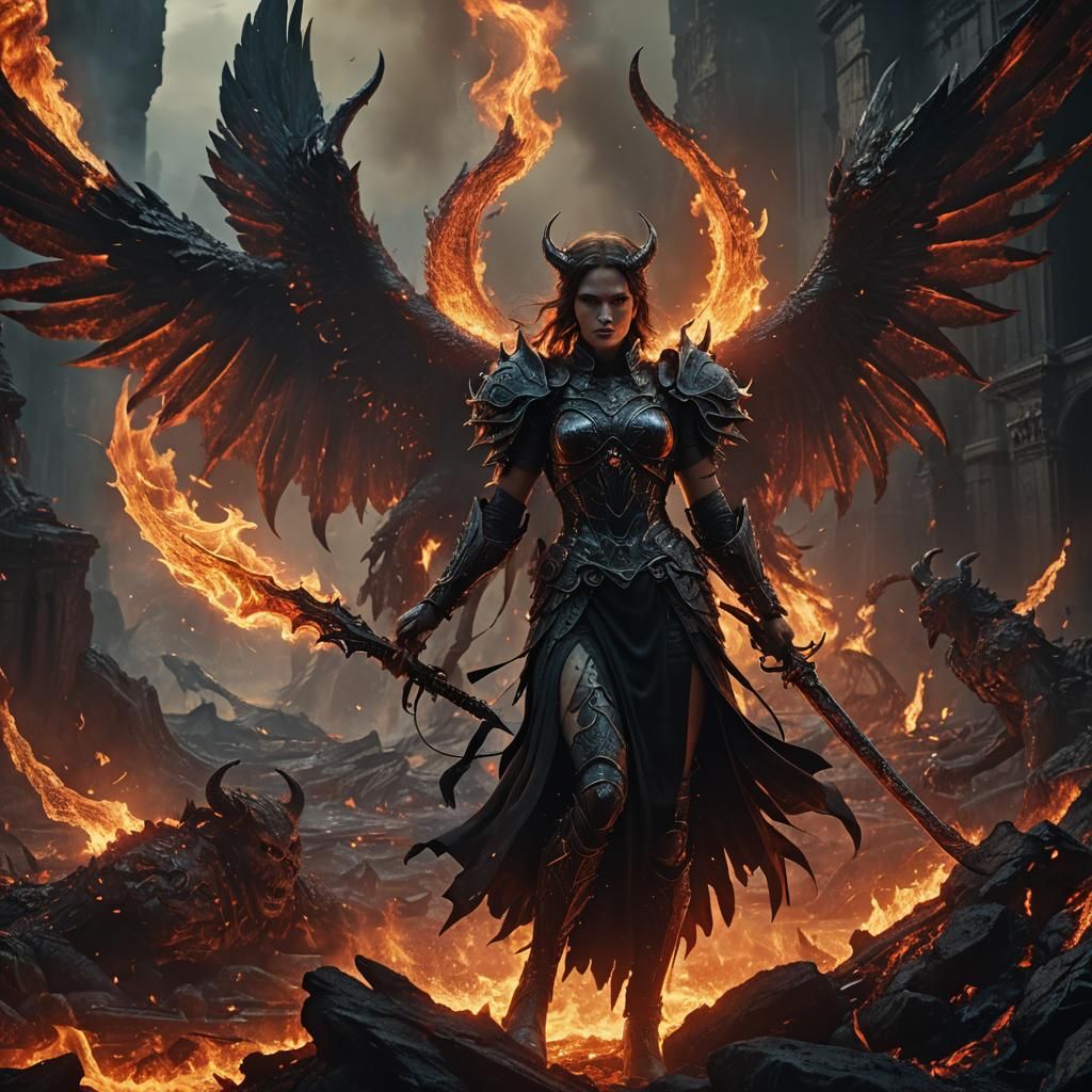Angel at War with Devil in Hellscape
