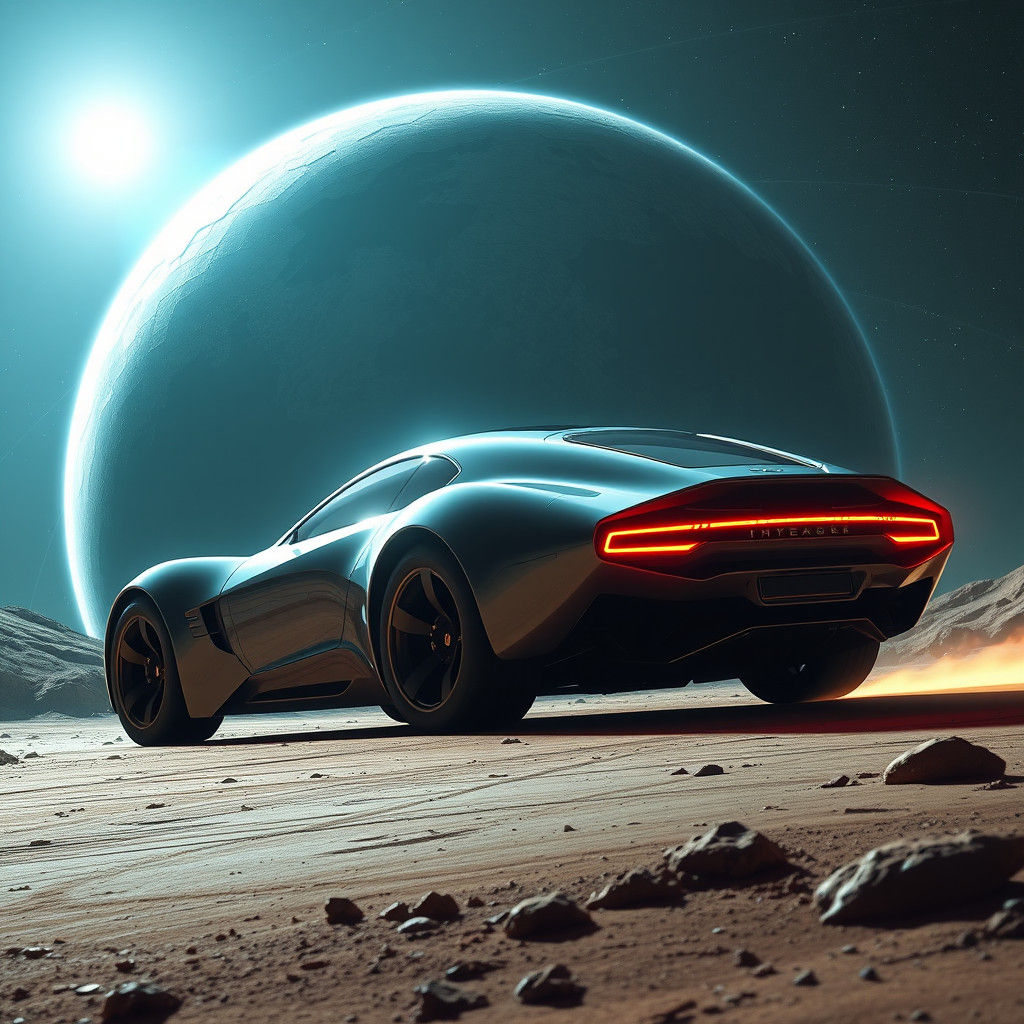 Futuristic Car Orbiting a Gas Giant