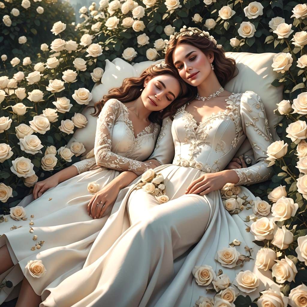 Stylish Couple Surrounded by White Roses