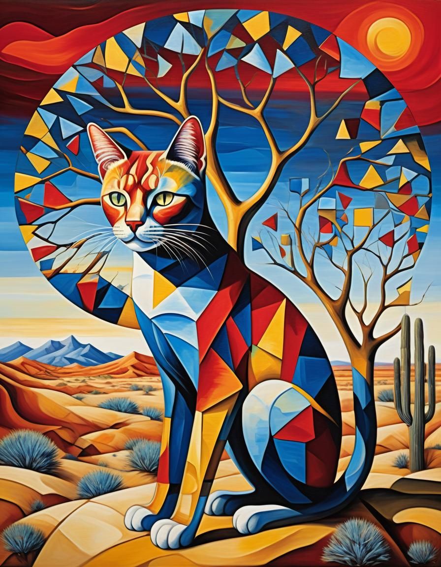 Cubist Cat in Surreal Desert Landscape Painting