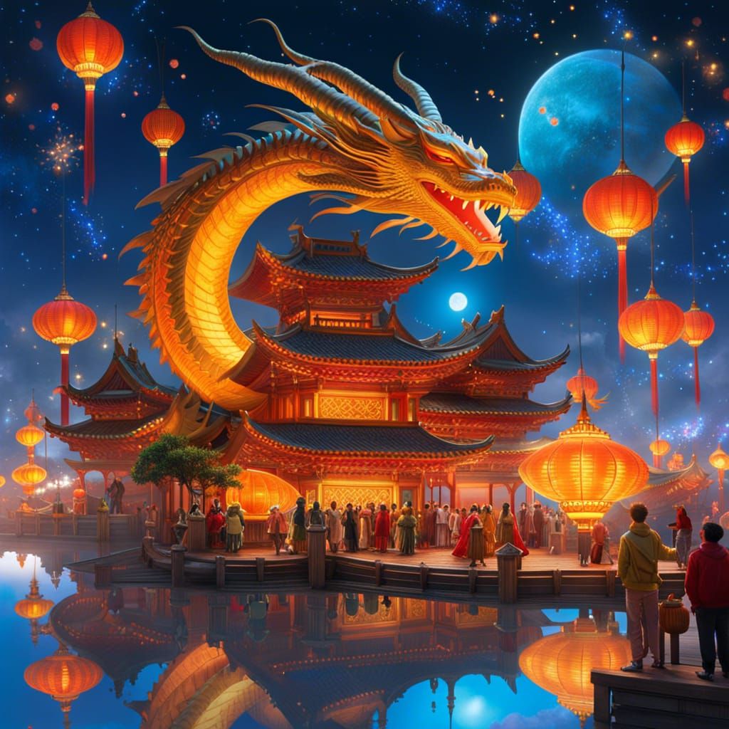 Photorealistic Dragon Festival with Radiant Sun and Stars