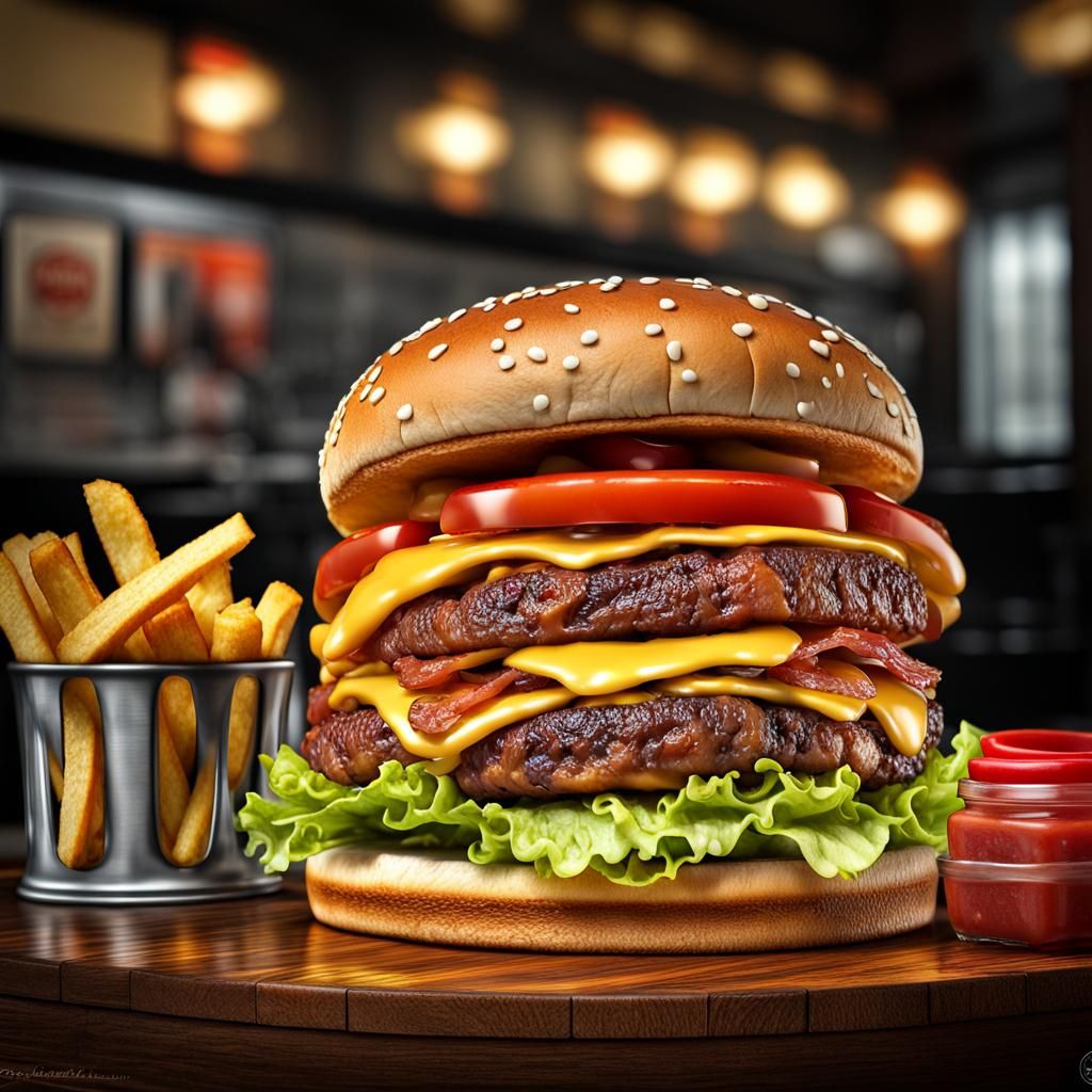 Hyperrealistic Double Bacon Cheeseburger with Fries