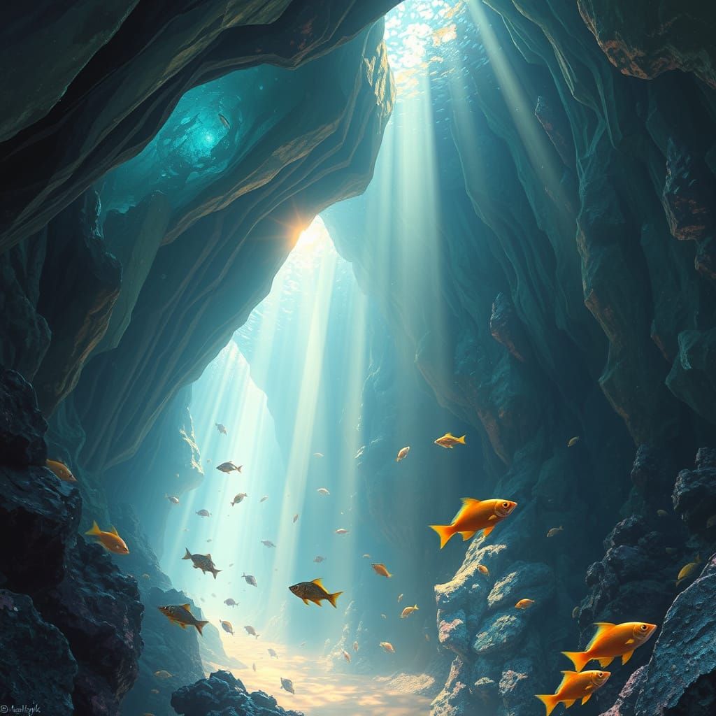 Underwater Crystal Cave with Exotic Fish, Digital Painting