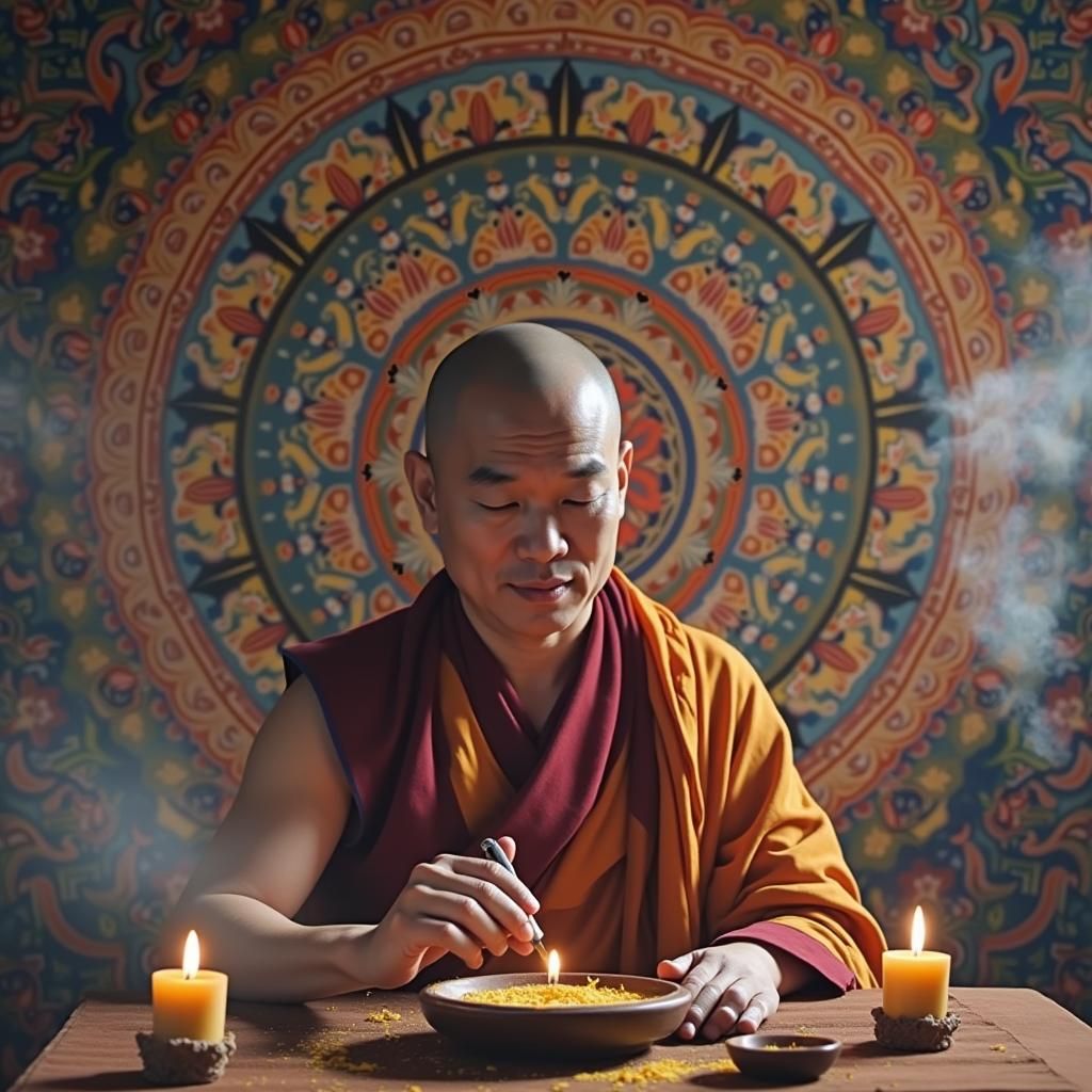 Tibetan Monk Creating Mandala Art in Amber Light