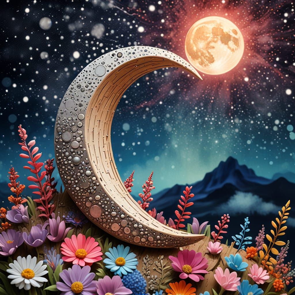 Surreal Burning Moon Watercolor in Art Deco Style