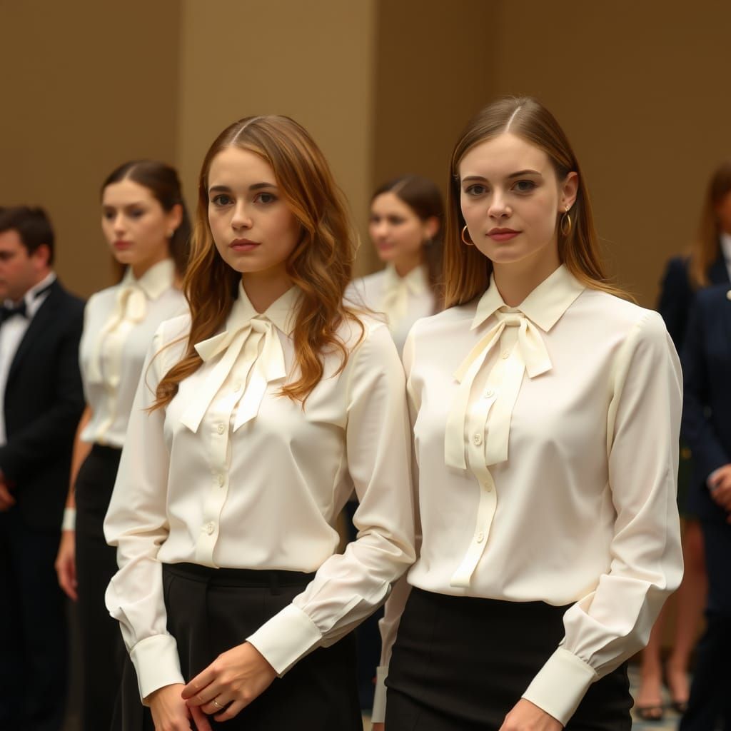Women in Formal Attire with Ribbons