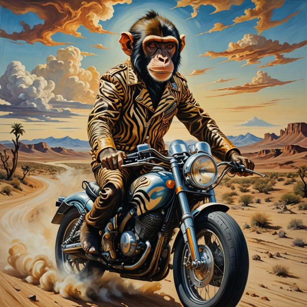 Surreal Zebra Monkey Motorcycle Ride as Oil Painting