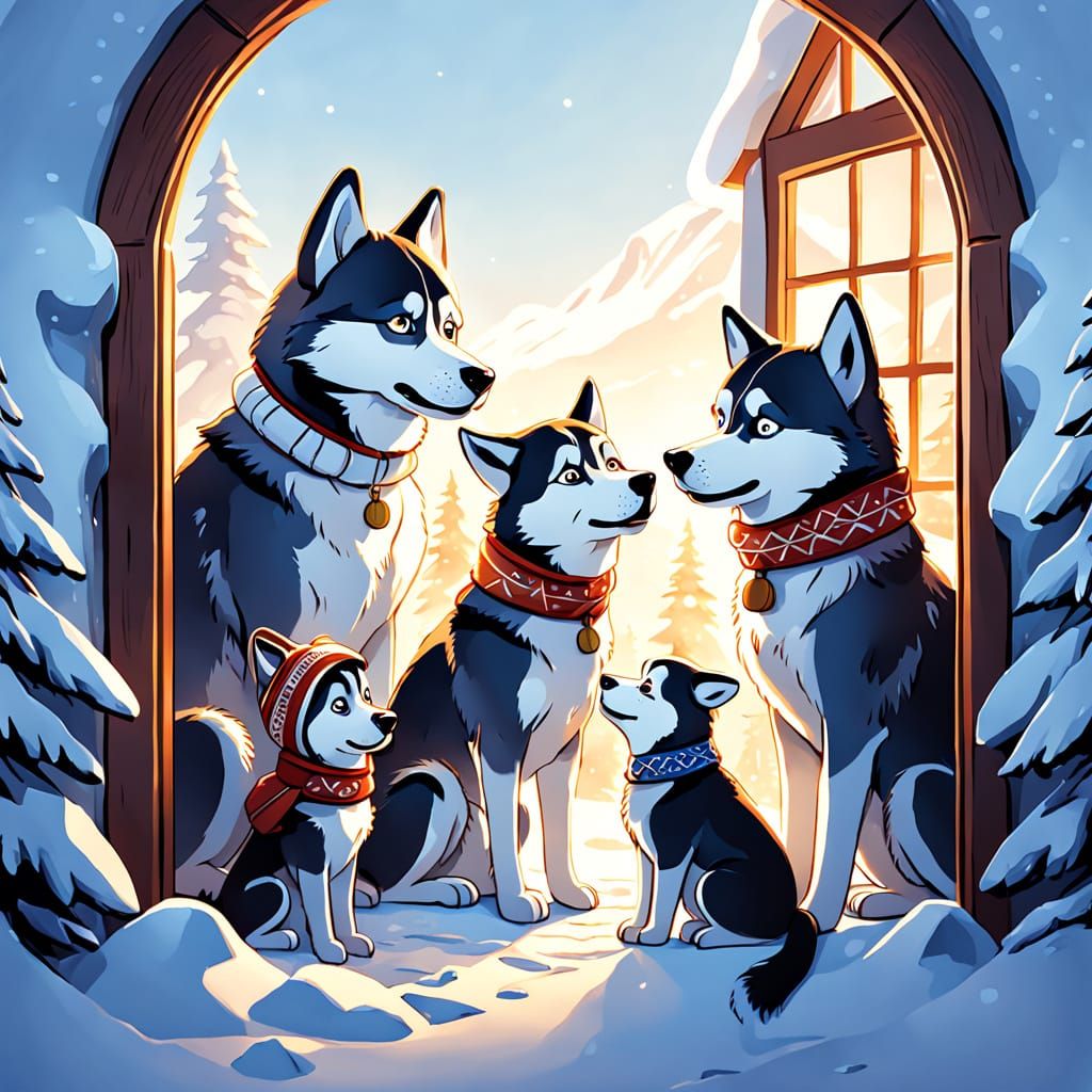 Cozy Inuit Family Gathers with Husky Dogs in Snowy Landscape