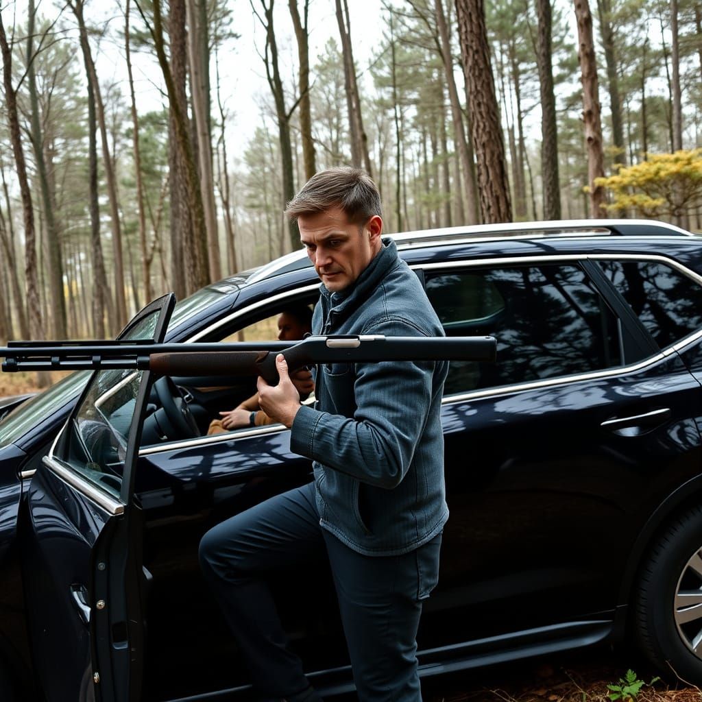 Man with Shotgun Outside Car in Woods